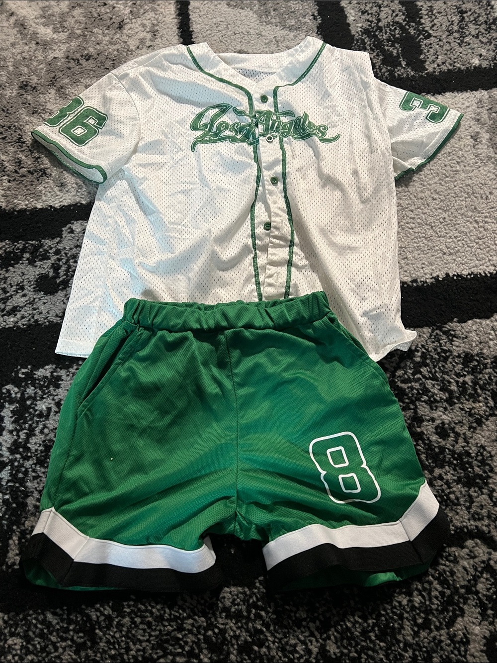 Kids White & Green Baseball-Style Shirt and Shorts Set
